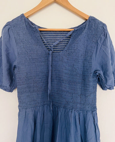 UNBRANDED Smocked Tiered Maxi Dress Sz L Blue Puff Sleeve Long Peasant Boho
