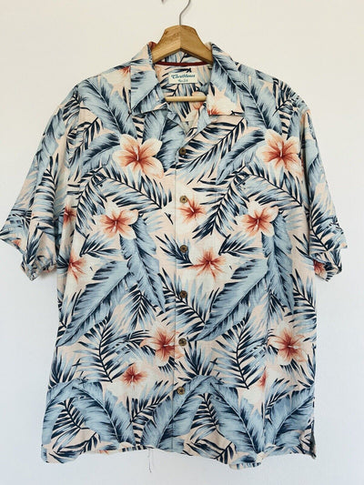 Caribbean Pure Silk Hawaiian Shirt 100% Silk Sz L Blue
