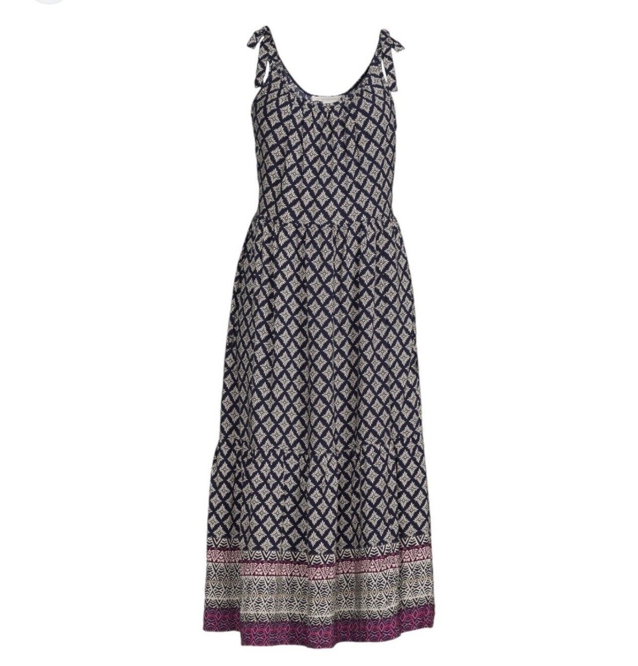 Beach Lunch Lounge Dress Sz XL Shoulder Tie Fit Flare Geometric Navy Travel Boho