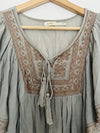 BLUE BIRD Embroidered Earthy Boho Blouse Sz S Flared Sleeves Tie Neck Flowy Top