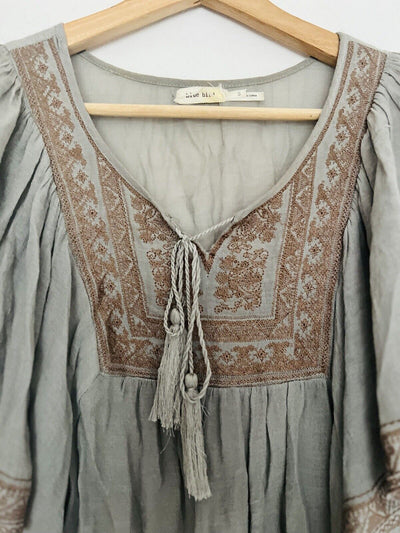 BLUE BIRD Embroidered Earthy Boho Blouse Sz S Flared Sleeves Tie Neck Flowy Top