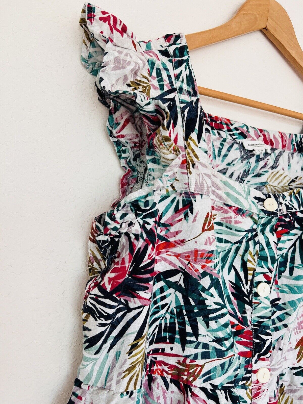 BEACHLUNCHLOUNGE Linen Blend Dress Sz XL Hawaiian Palm Tiered Botton Up Travel