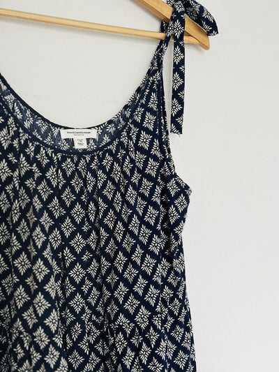 Beach Lunch Lounge Dress Sz XL Shoulder Tie Fit Flare Geometric Navy Travel Boho