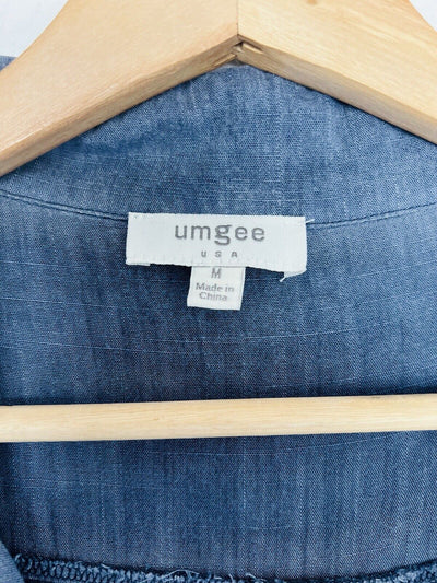 UMGEE Salmon Blue Short Sleeve Button Up Top M Frayed Hi/Lo Hem Lightweight