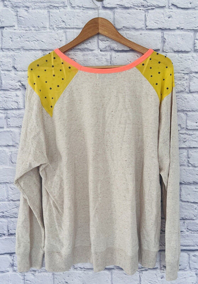 DEMOCRACY Womens Sweatshirt Sz 2X Tan Sheer Shoulder Detail Artsy Relaxed
