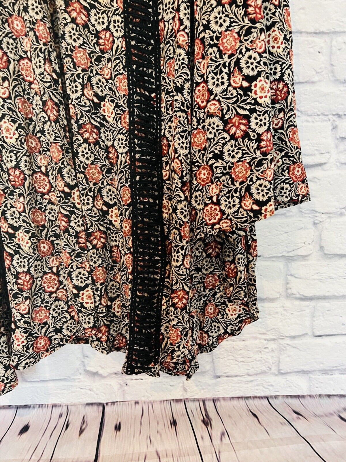 KNOX ROSE Womens Dress Size Sz L Black Rust Floral Bell Sleeve Flare Boho Hippie