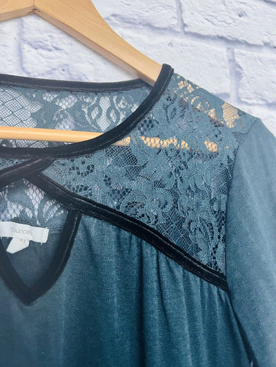 MAURICES  Dark Green Long Sleeve Top Sz M Velvet Trim Lace Boho Whimsigoth