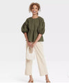 A NEW DAY Women Puff 3/4 Sleeve Pullover Blouse Sz XXL Olive Cotton Boho