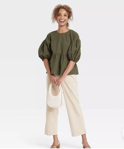 A NEW DAY Women Puff 3/4 Sleeve Pullover Blouse Sz XXL Olive Cotton Boho