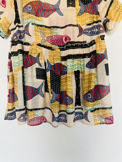 UNBRANDED Boho Style Fish Printed Babydoll Tunic Sheer Colorful Pullover