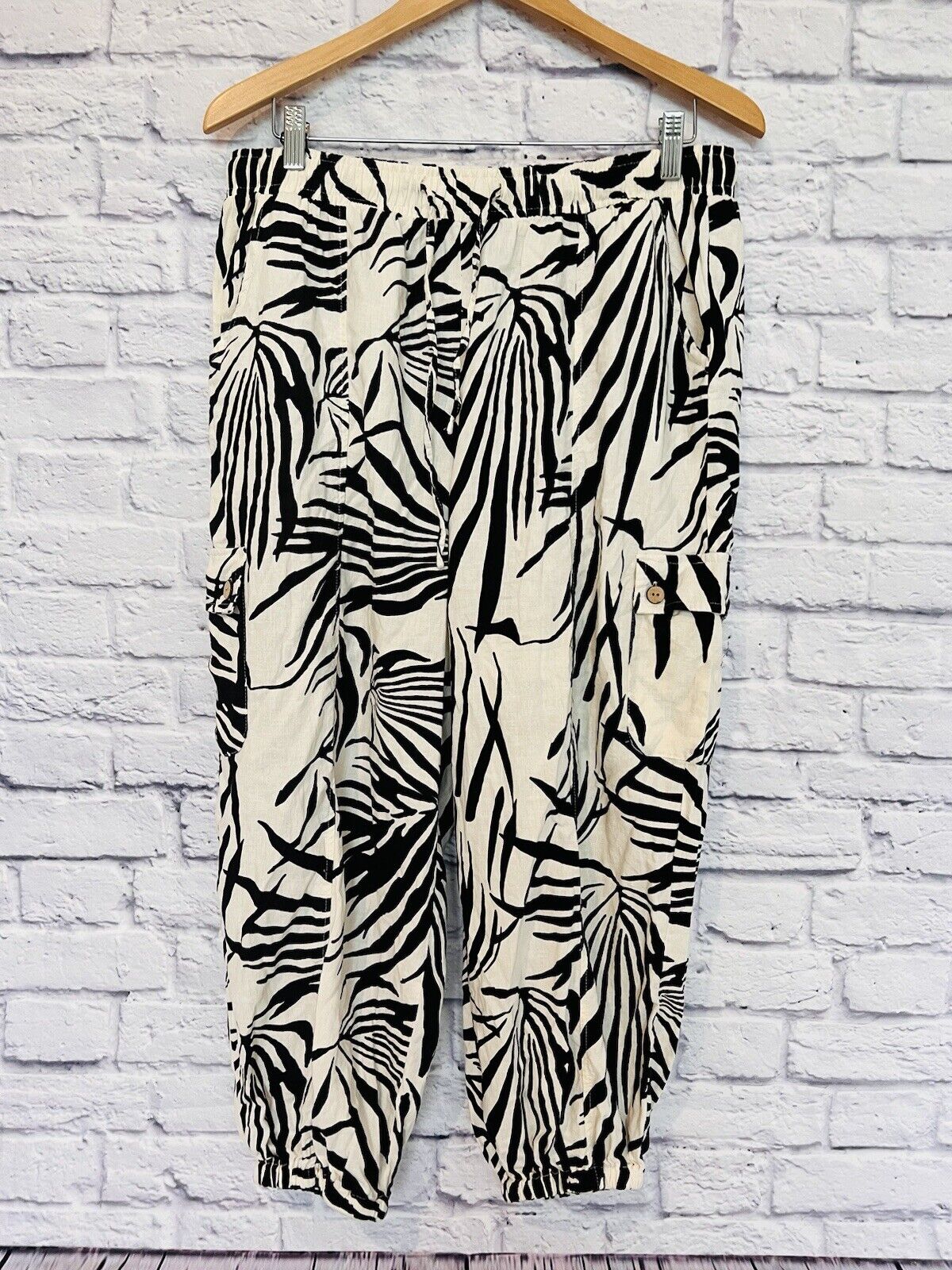 RACHEL ZOE Zebra Animal Print Drawstring Pant Sz S Linen Blend Oversized Fit