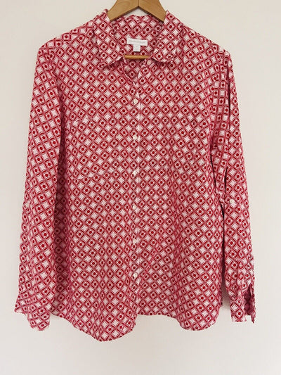 CHARTER CLUB 100% Linen Geometric Top Sz XL Long Sleeve Botton Up Red Shirt