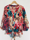 Chicos  Satin Colorful Top Sz 14 Red Floral Lantern 3/4 Sleeves Tie Waist