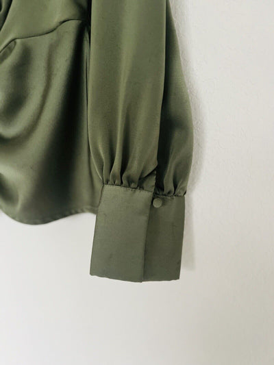 ENTRO Olive Satin Blouse Sz S Balloon Sleeves Flowy Workwear Office