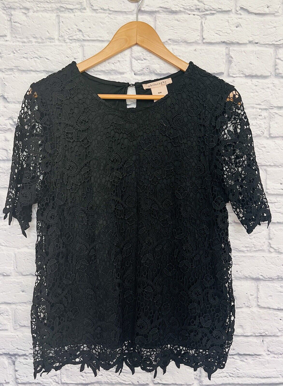 PHILOSOPHY Womens Black Lace Short Sleeve Top Lined Sz M Boho Romantic Blouse