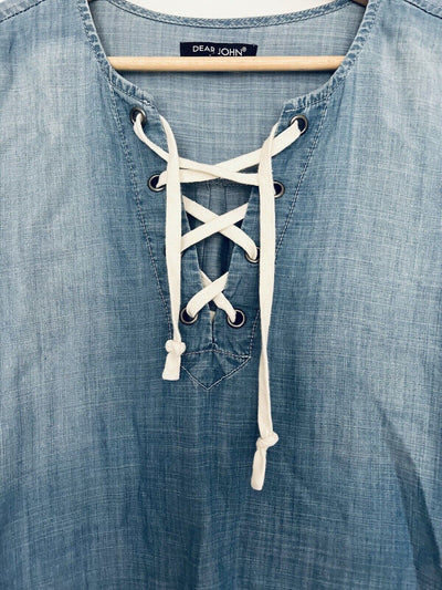 ANTHROPOLOGIE Dear John Chambray Denim Lace Up Tunic Blouse Sz S Roll Tab Boho