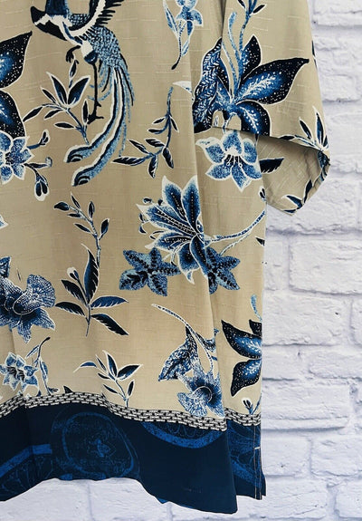 CLAIBORNE Mens 100% Silk Hawaiian Shirt Sz L Floral Print Button Down Beige Blue
