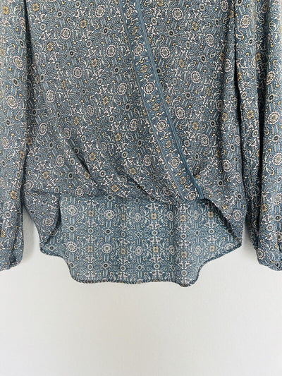 MAX STUDIO Floral Blue Blouse Sz S Hi-Low Top Flowy Boho Career