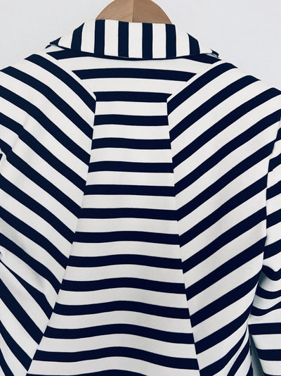 CHICO’S Knit Blazer Jacket Sz Small Nautical Blue White Stripes Cropped