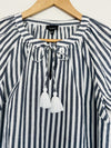 TALBOTS Tassel Tie Neck Blouse Sz S White Black Stripe Shirt Ruche Sleeve Boho