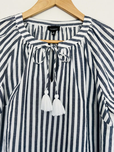 TALBOTS Tassel Tie Neck Blouse Sz S White Black Stripe Shirt Ruche Sleeve Boho