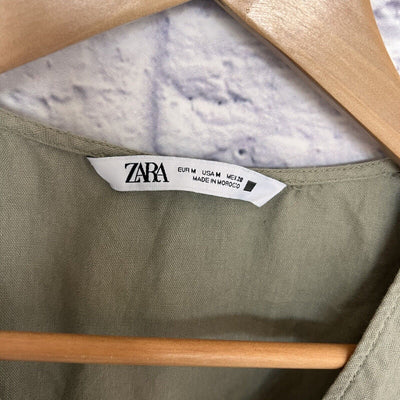 ZARA Tiered Olive Dress Sz M Puff Sleeve Linen Blend Khaki Boho Western Tunic