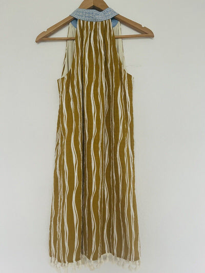 THML Olive Striped Dress Sz S Embroidered V-Neck Lined 100% Cotton Tassel Boho