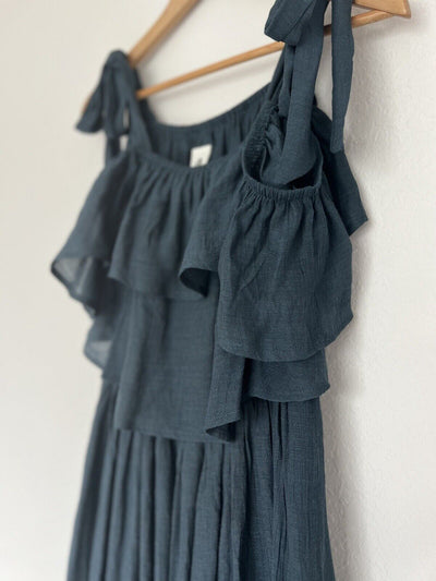ANTHROPOLOGIE Blue Tie Neck Maxi Full Dress Sz M Tie Shoulders Western Boho