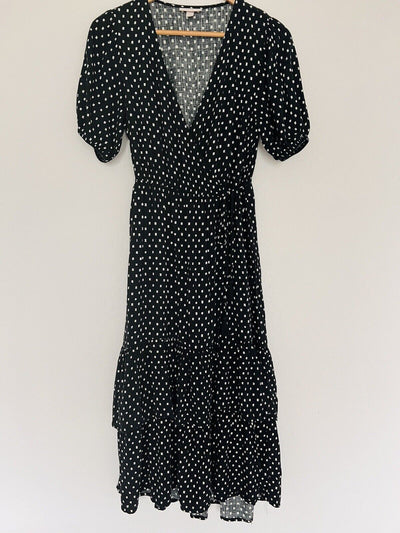 KNOX ROSE Short Sleeve Actual Wrap Dress Sz S Pockets Puff Sleeves Polka Dot