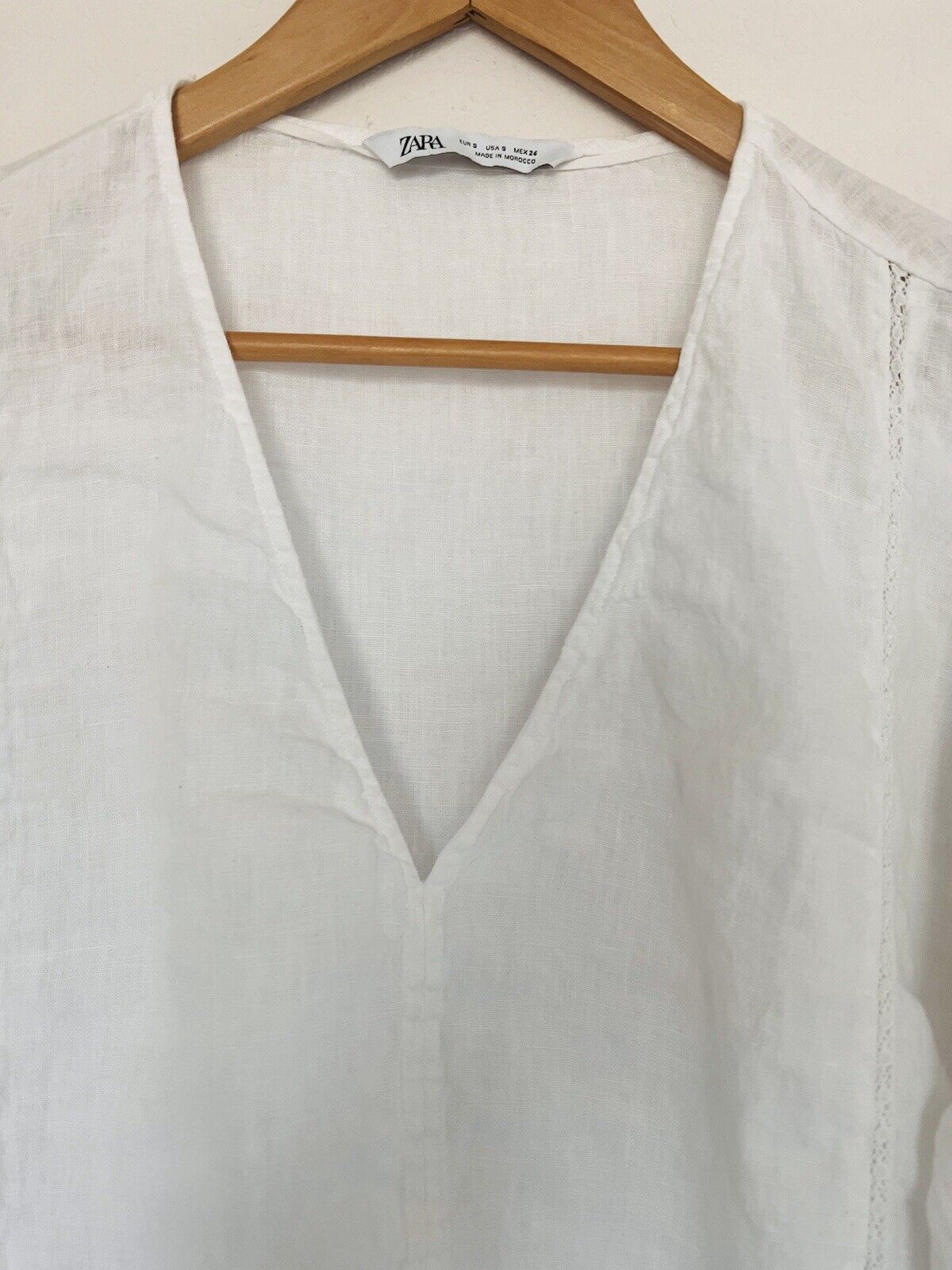 ZARA NWT 100% Linen Top Sz S White Lace Trim Short Sleeve Blouse V-Neck Tunic