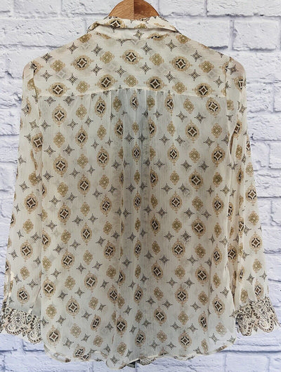 CHICOS Button Up Chiffon Blouse Sz 1 Sheer Long Sleeves Paisley Ivory Flowy