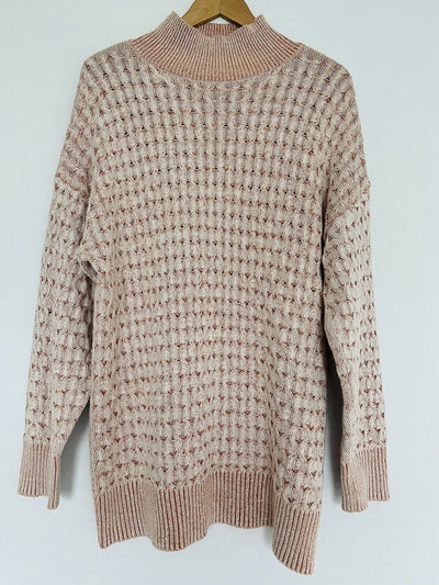 KNOX ROSE Heavy Knit Long Sweater Sz L Cream Peach Color Mock Neck Boho