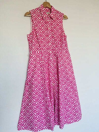 Boden Pink Geo Print Dress Sz 12P Sleeveless Dress V Neck Button Down Fit/Flare