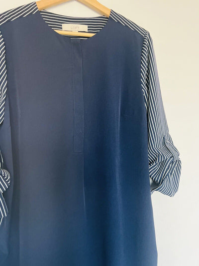 ANN TAYLOR Loft Navy Blue White Shirt Dress Sz M Block Shift 3/4 Sleeve Office
