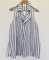 CHICO’S 100% Linen Striped Vest Sz M Blue/White Collar Open Front Lined Nautical