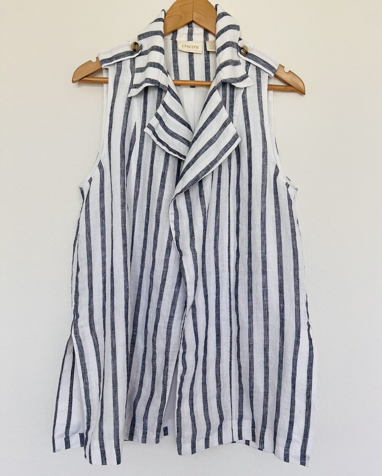 CHICO’S 100% Linen Striped Vest Sz M Blue/White Collar Open Front Lined Nautical