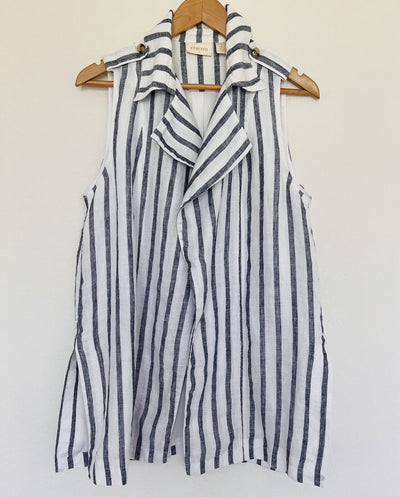 CHICO’S 100% Linen Striped Vest Sz M Blue/White Collar Open Front Lined Nautical