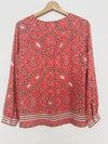 TALBOTS Pink Orange Long Sleeve Blouse Sz S Petite V-Neck Button Geometric Boho
