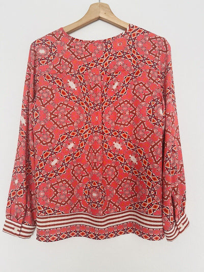 TALBOTS Pink Orange Long Sleeve Blouse Sz S Petite V-Neck Button Geometric Boho