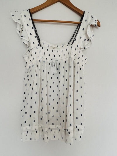 MAURICES NWT White Abstract Print Top Tank Sz S Crinkle Ruffle Sleeve Tunic
