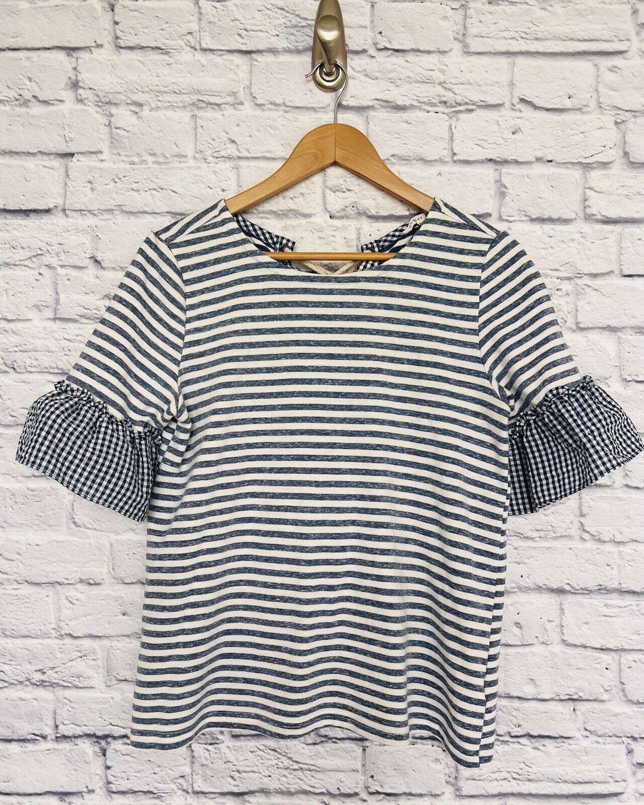 Ruffle Bell Sleeve Striped Nautical Lace Up Back Top Sz S Coastal Casual