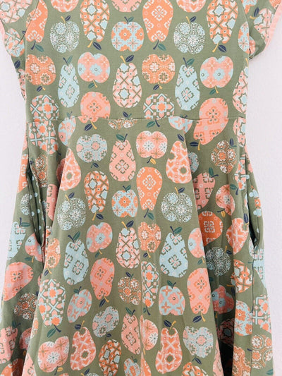 MATILDA JANE Girls Pear Print Dress Size 16 Olive Color Full Skirt Bow