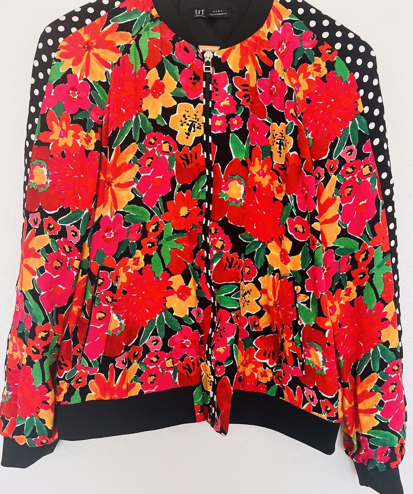 ZARA TRF Collection Floral Polka Dot Bomber Jacket Sz S Red Long Sleeve Y2K 90s