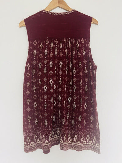 LUCKY BRAND Burgundy Sleeveless Top Sz XL Ornate Pattern Cotton Linen Blend Boho