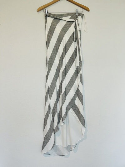 LULUS Cotton Linen Blend Wrap Skirt Sz S Grey White Striped Maxi Lined Tie Waist