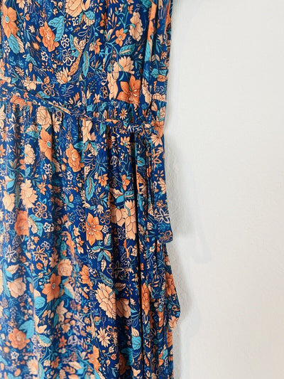ZESICA Floral Maxi Wrap Dress Sz L Flutter Sleeves Tie Waist Boho Western