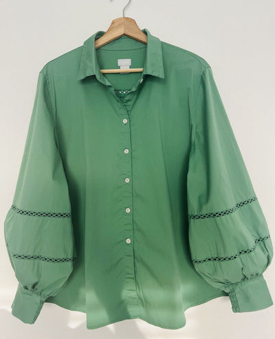 CHICO’S Poplin Billow Sleeve Blouse Shirt Sz XL Green Button Up Crochet Boho