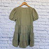 ZARA Tiered Olive Dress Sz M Puff Sleeve Linen Blend Khaki Boho Western Tunic
