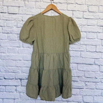 ZARA Tiered Olive Dress Sz M Puff Sleeve Linen Blend Khaki Boho Western Tunic