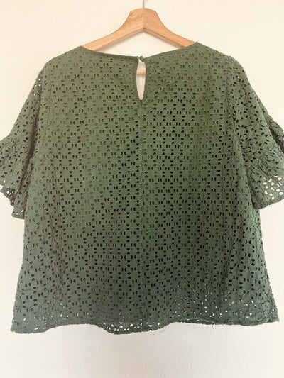 LANE BRYANT Olive Ruffle Sleeve Eyelet Blouse Sz 18 Lined Cropped Boho Top
